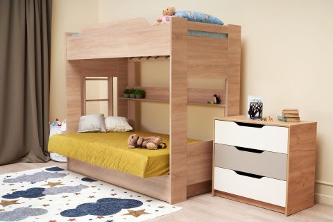 Двухъярусная кровать с диван-кроватью велюр желтый / дуб сонома